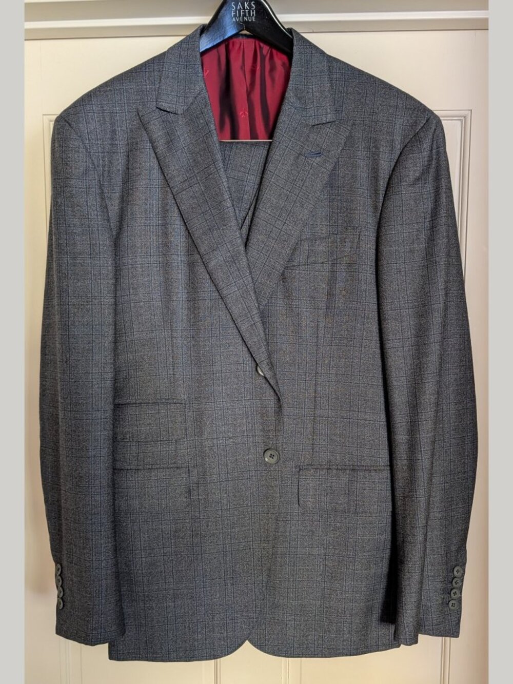 NWOT Isaia Napoli Mid Gray Plaid Check 3-Piece Suit Vest Peak Lapel EU52R US42R
